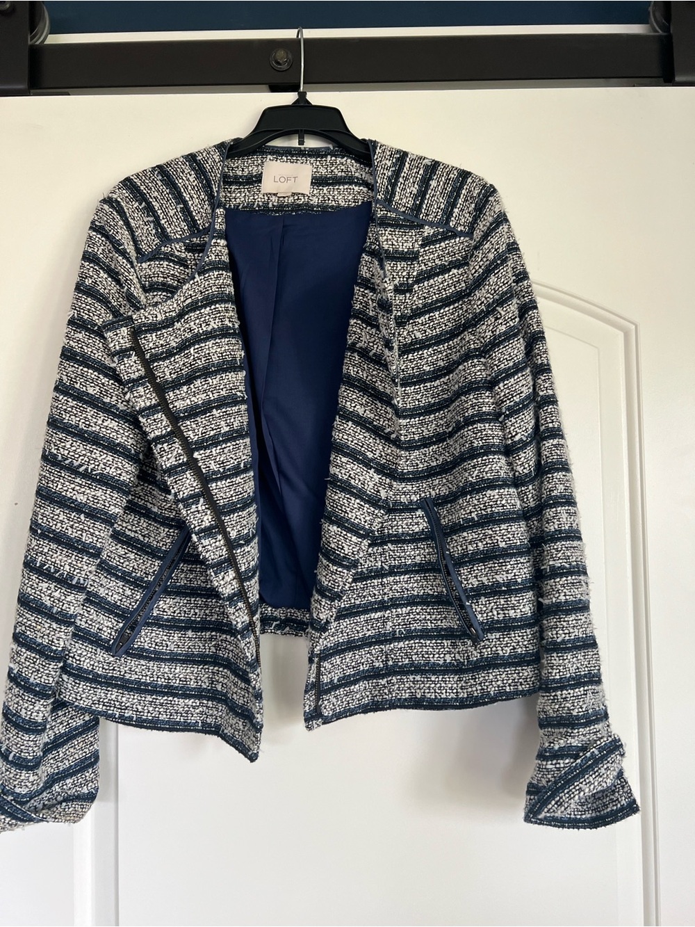 LOFT Navy and White Striped Tweed Blazer